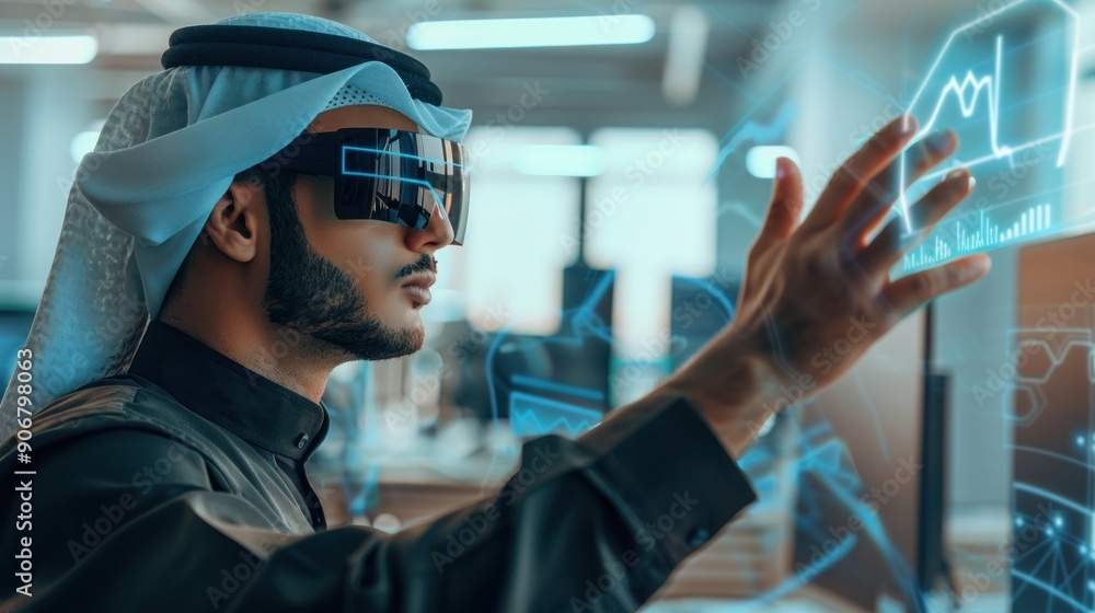 Arab Businessman Interacting with Holographic Display Arab Businessman Interacting with Holographic Display