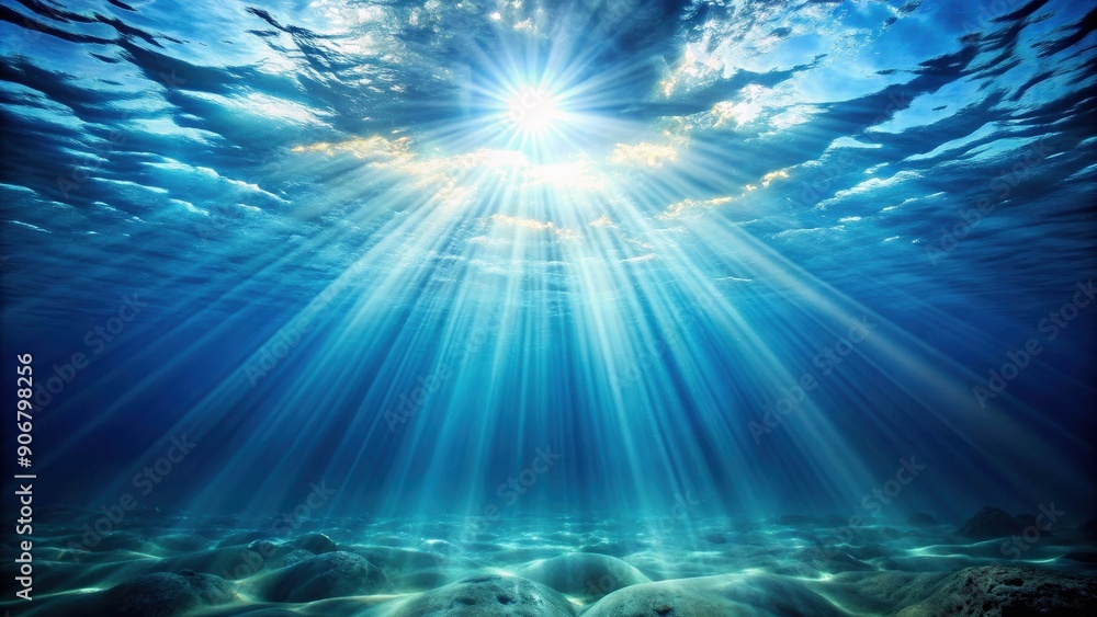 Fototapeta premium Underwater sunlight rays shining through the ocean depths , ocean, underwater, sunlight, rays, shining, sea, marine