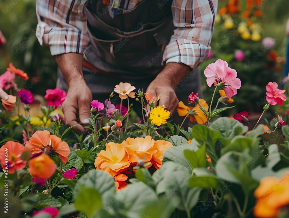 Overweight Gardener Tending to Vibrant Blooming Flowers and Plants in the Garden Overweight Gardener Tending to Vibrant Blooming Flowers and Plants in the Garden