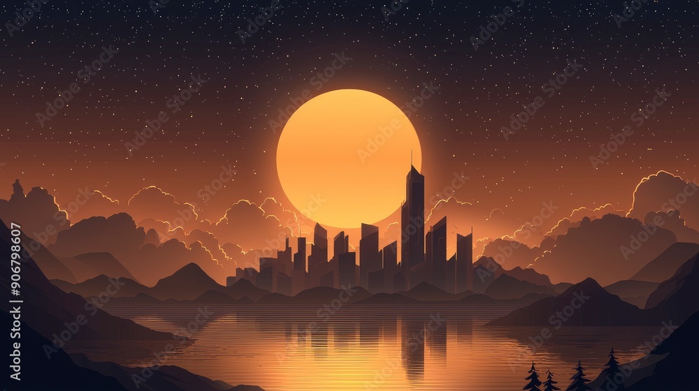 Obraz premium Silhouetted Cityscape at Sunset with a Full Moon