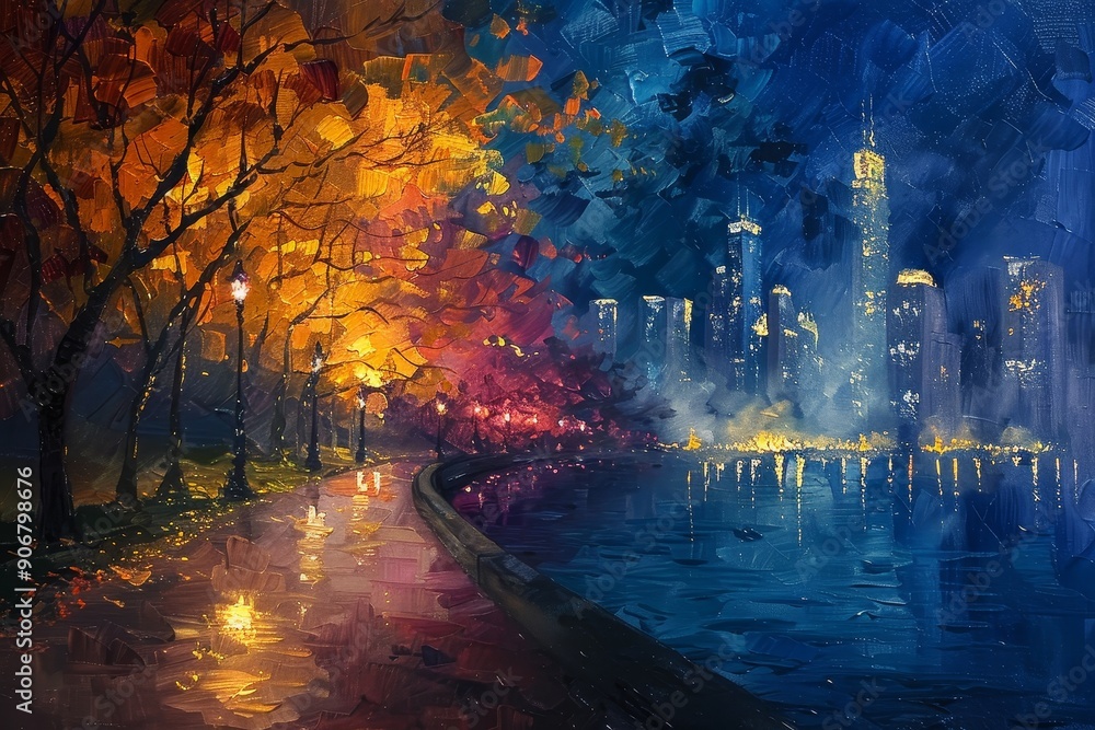 Cityscape with Autumn Trees and Reflections Cityscape with Autumn Trees and Reflections