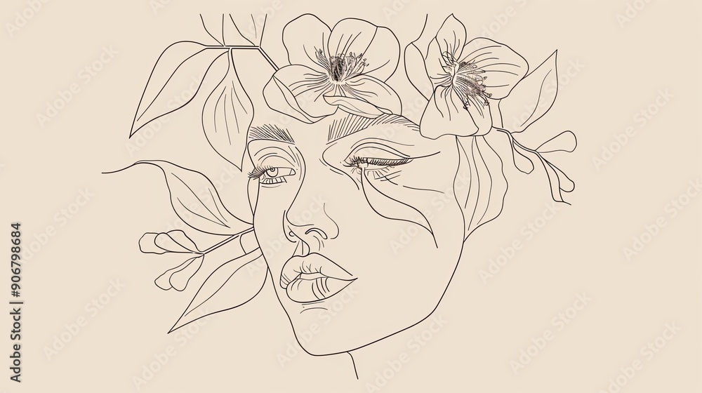 Women face in one line art style with flowers and leaves.Continuous line art in elegant style for prints, tattoos, posters, textile, cards etc. Beautiful woman face Vector illustration Women face in one line art style with flowers and leaves.Continuous line art in elegant style for prints, tattoos, posters, textile, cards etc. Beautiful woman face Vector illustration