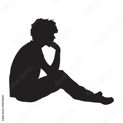 Side profile portrait silhouette of a boy sitting silhouette white background
