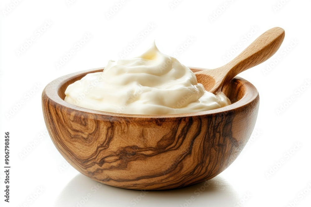 sour cream in wooden bowl and spoon, mayonnaise, yogurt, isolated on white background, full depth of field, ai sour cream in wooden bowl and spoon, mayonnaise, yogurt, isolated on white background, full depth of field, ai