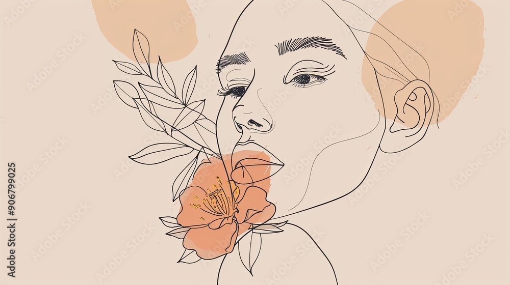 Women face in one line art style with flowers and leaves.Continuous line art in elegant style for prints, tattoos, posters, textile, cards etc. Beautiful woman face Vector illustration Women face in one line art style with flowers and leaves.Continuous line art in elegant style for prints, tattoos, posters, textile, cards etc. Beautiful woman face Vector illustration