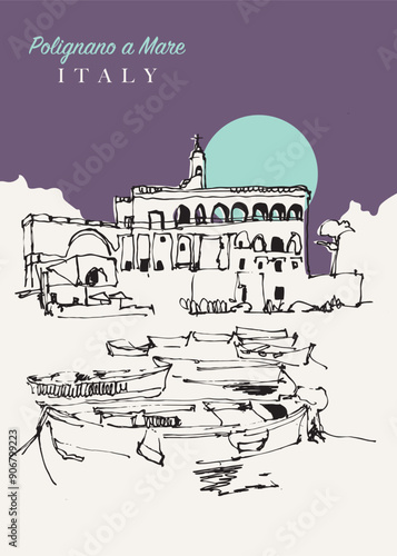 Vector hand drawn sketch illustration of Polignano a Mare in Puglia region of Italy
