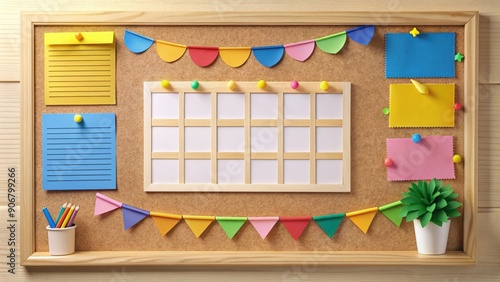 Playful paper cut bulletin board with class schedules and decorations, bulletin board, paper cut, colorful, schedules photo