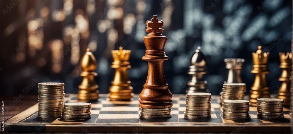 A set of chess pieces, with a king prominently displayed, with stacks of coins and with more chess pieces. A competitive atmosphere symbolizing power, strategy and wealth. A set of chess pieces, with a king prominently displayed, with stacks of coins and with more chess pieces. A competitive atmosphere symbolizing power, strategy and wealth.