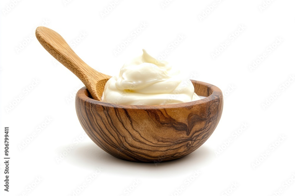 sour cream in wooden bowl and spoon, mayonnaise, yogurt, isolated on white background, full depth of field, ai sour cream in wooden bowl and spoon, mayonnaise, yogurt, isolated on white background, full depth of field, ai