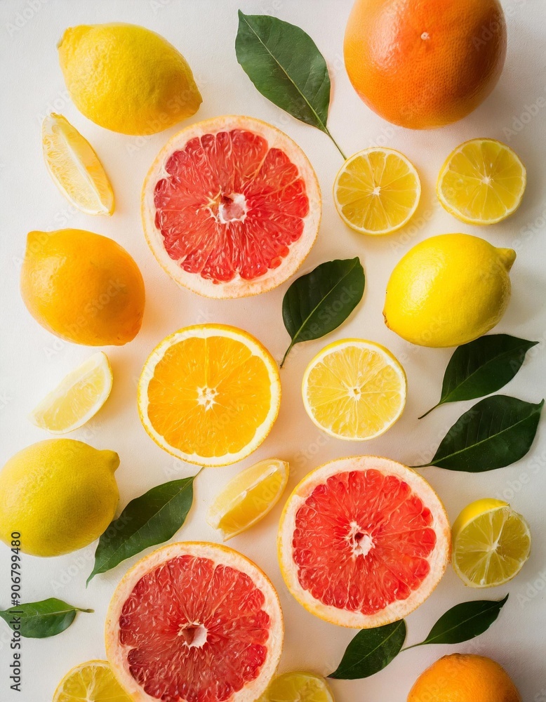 Citrus fruits pattern of lemon, orange and grapefruit on white background. Flat lay, top view Citrus fruits pattern of lemon, orange and grapefruit on white background. Flat lay, top view