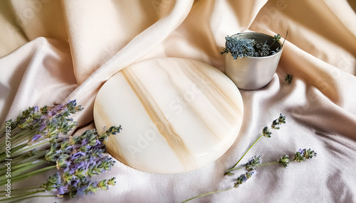 White Round Stone with Lavender Flowers on Cream Fabric