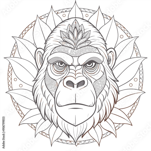 Detailed Line Art Drawing of a Gorilla's Face with Floral Mandala Background