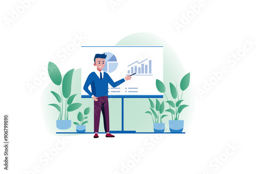Smiling man or boy giving presentation flat cartoon illustration.ai