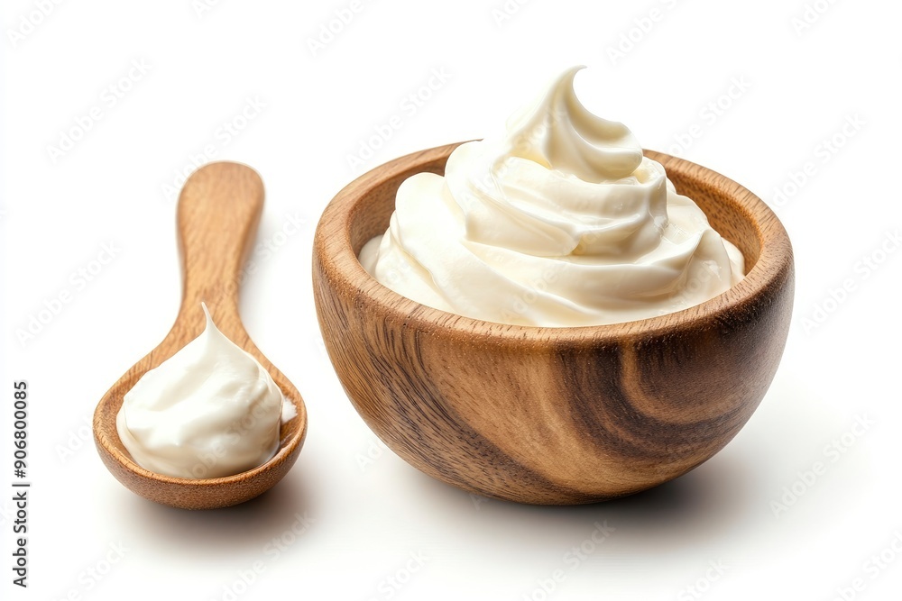 sour cream in wooden bowl and spoon, mayonnaise, yogurt, isolated on white background, full depth of field, ai sour cream in wooden bowl and spoon, mayonnaise, yogurt, isolated on white background, full depth of field, ai