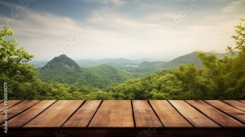 Empty wood table top with blur background of mountain and green nature. Neural network ai generated art