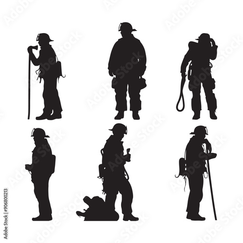 Set of firefighter silhouette white background
