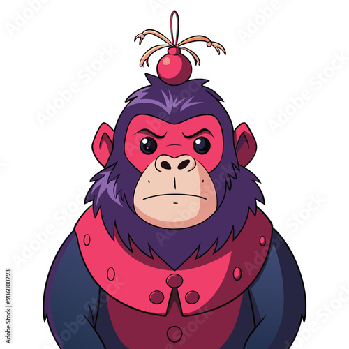 Cartoon illustration of a monkey wearing a red shirt with a red ball on its head.