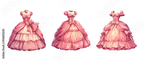 Vector princess pink dress, illustration of beautiful fluffy ball dress, fairytale princess clothes 19th century vintage style set