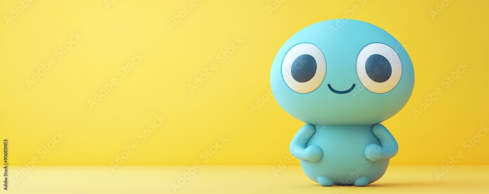 Cute blue toy figure with large eyes smiling against a bright yellow background. Playful and cheerful concept for kids and fun themes. Cute blue toy figure with large eyes smiling against a bright yellow background. Playful and cheerful concept for kids and fun themes.