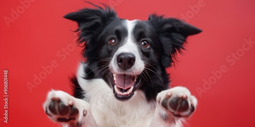 A black and white dog with its mouth open and its paws in the air. The dog is smiling and he is happy