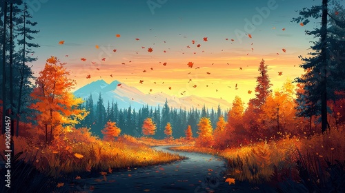 Serene Autumn Forest Path with Mountain View at Sunset