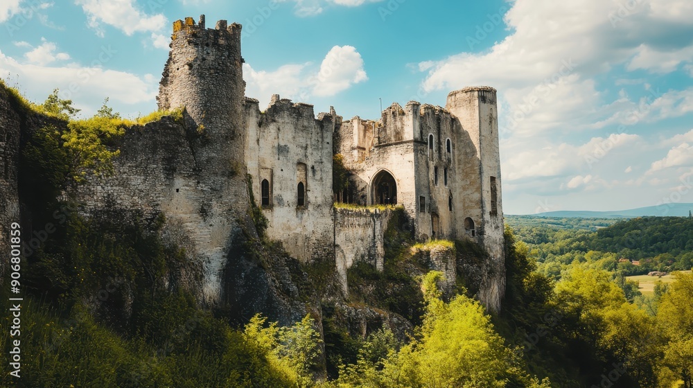 Ruins of an ancient medieval castle on a hill surrounded by lush greenery under a cloudy blue sky. Ruins of an ancient medieval castle on a hill surrounded by lush greenery under a cloudy blue sky.