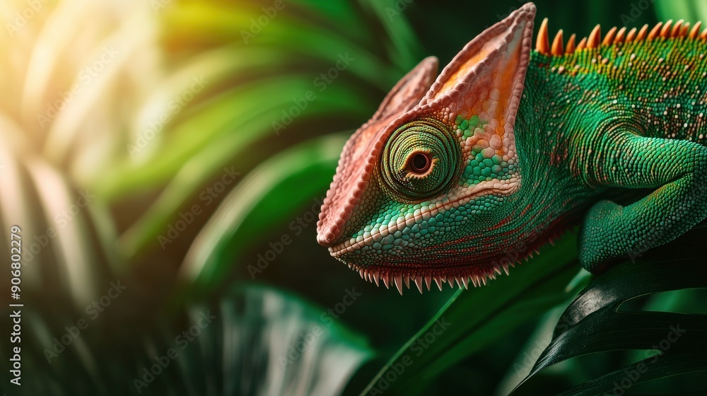 Obraz premium A green lizard is sitting on a leafy plant. The lizard is green and has a long tail