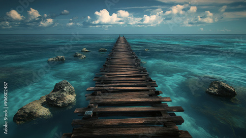A bridge made of wood stretches across the ocean.