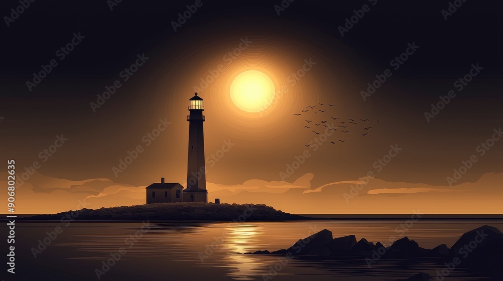 Lighthouse Silhouette at Sunset with Birds Flying Lighthouse Silhouette at Sunset with Birds Flying