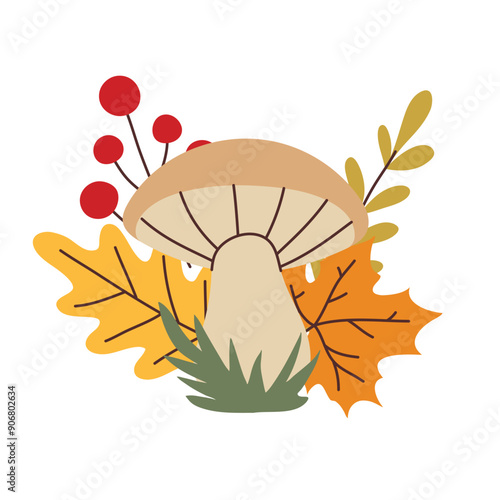 Simple flat style mushroom and autumn leaves