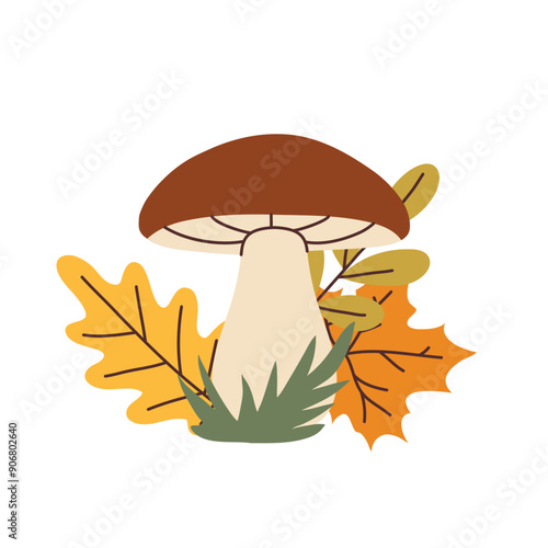 Simple flat style mushroom and autumn leaves