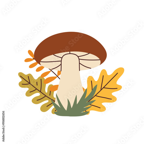 Simple flat style mushroom and autumn leaves