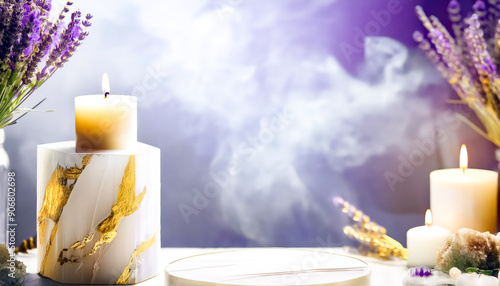 White Marble Pedestal with Burning Candles and Lavender