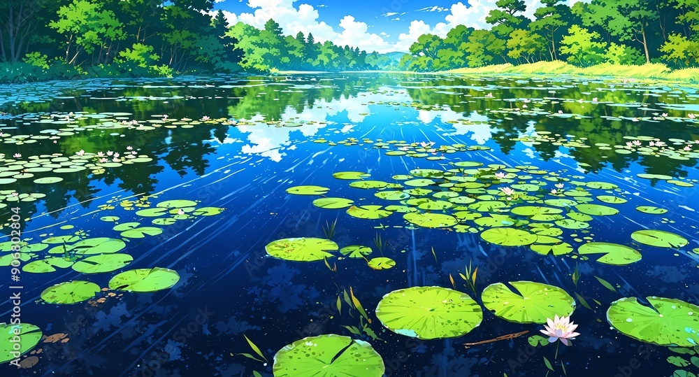 serene river with lily pads background panoramic wide angle view anime cartoon serene river with lily pads background panoramic wide angle view anime cartoon