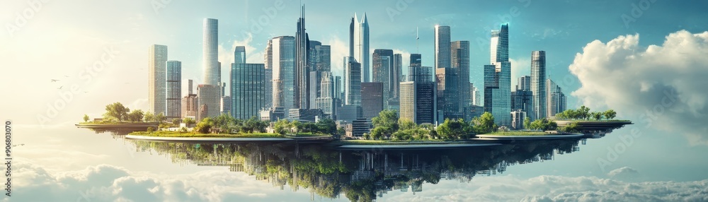 Floating cityscape in the sky, modern skyscrapers surrounded by greenery, contrasting with the bright, cloudy sky. Floating cityscape in the sky, modern skyscrapers surrounded by greenery, contrasting with the bright, cloudy sky.