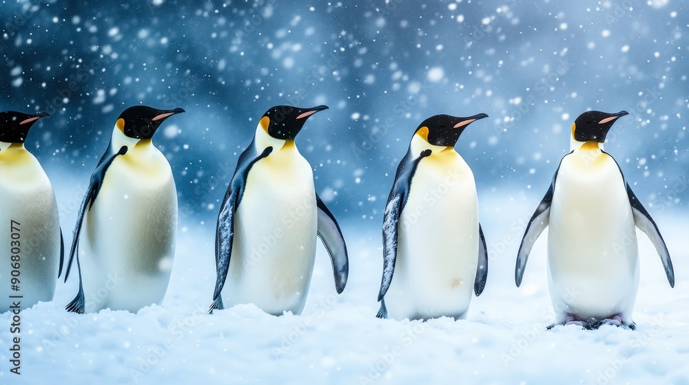 Fototapeta premium A group of penguins are standing in the snow. The penguins are all facing the same direction