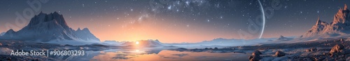 Fantasy Mars Odyssey: A Sunset and Starry Sky Landscape on the Enchanted Planet of Mars with Majestic Mountains and Serene Waters