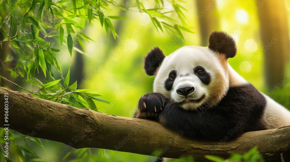 Fototapeta premium A panda bear is laying in the grass. The bear is smiling and he is relaxed