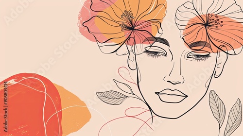 Women face in one line art style with flowers and leaves.Continuous line art in elegant style for prints, tattoos, posters, textile, cards etc. Beautiful woman face Vector illustration