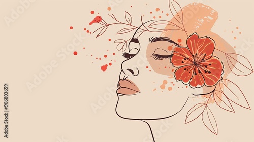 Women face in one line art style with flowers and leaves.Continuous line art in elegant style for prints, tattoos, posters, textile, cards etc. Beautiful woman face Vector illustration