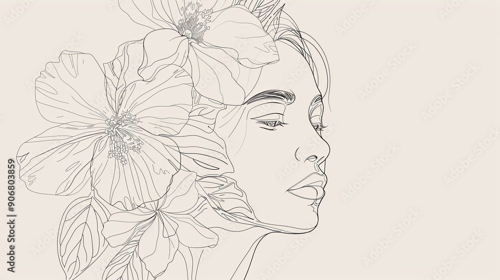 Women face in one line art style with flowers and leaves.Continuous line art in elegant style for prints, tattoos, posters, textile, cards etc. Beautiful woman face Vector illustration Women face in one line art style with flowers and leaves.Continuous line art in elegant style for prints, tattoos, posters, textile, cards etc. Beautiful woman face Vector illustration