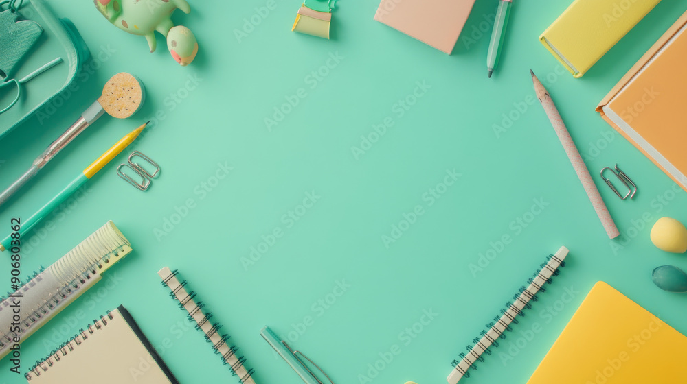 School supplies and an open sketchbook are arranged on a pastel green background, symbolizing the start of a new school year and the excitement of learning School supplies and an open sketchbook are arranged on a pastel green background, symbolizing the start of a new school year and the excitement of learning