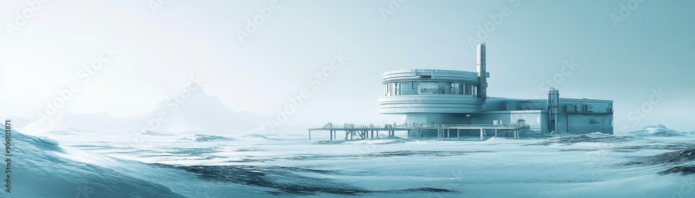 Remote arctic research station surrounded by vast snowy landscape, showcasing modern architecture and isolated location in extreme cold.