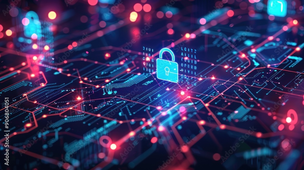 Obraz premium Cyber Security Lock on Digital Circuitry Background