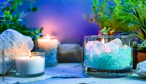 Burning candles with teal crystals in a glass jar and foliage