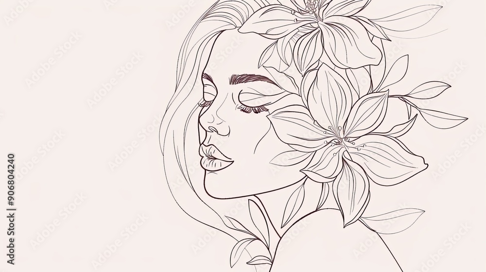 Women face in one line art style with flowers and leaves.Continuous line art in elegant style for prints, tattoos, posters, textile, cards etc. Beautiful woman face Vector illustration Women face in one line art style with flowers and leaves.Continuous line art in elegant style for prints, tattoos, posters, textile, cards etc. Beautiful woman face Vector illustration