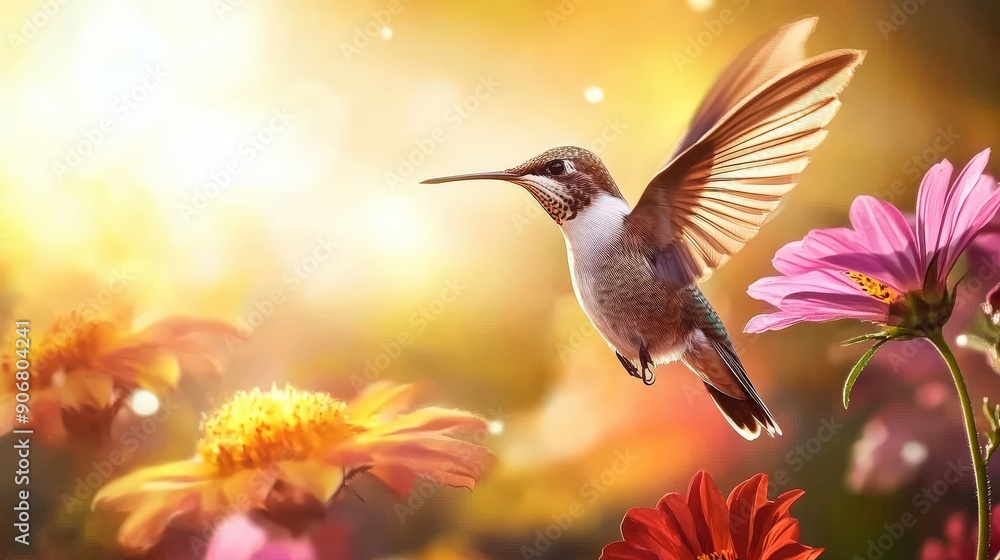 A hummingbird is flying over a field of flowers. The flowers are pink and yellow, and the bird is in the center of the image. Scene is peaceful and serene, as the bird is free to fly A hummingbird is flying over a field of flowers. The flowers are pink and yellow, and the bird is in the center of the image. Scene is peaceful and serene, as the bird is free to fly