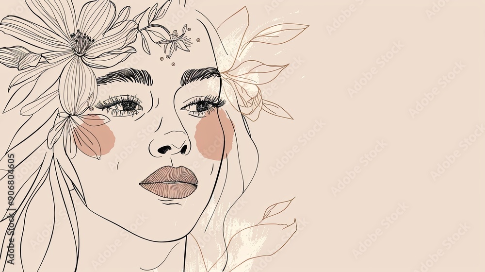 Women face in one line art style with flowers and leaves.Continuous line art in elegant style for prints, tattoos, posters, textile, cards etc. Beautiful woman face Vector illustration Women face in one line art style with flowers and leaves.Continuous line art in elegant style for prints, tattoos, posters, textile, cards etc. Beautiful woman face Vector illustration
