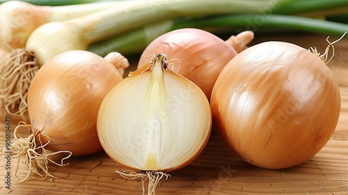 Onion bulbs lying on the table, one of which is cut in half. Flavorful vegetables for cooking. Illustration for banner, poster, cover, brochure or presentation.