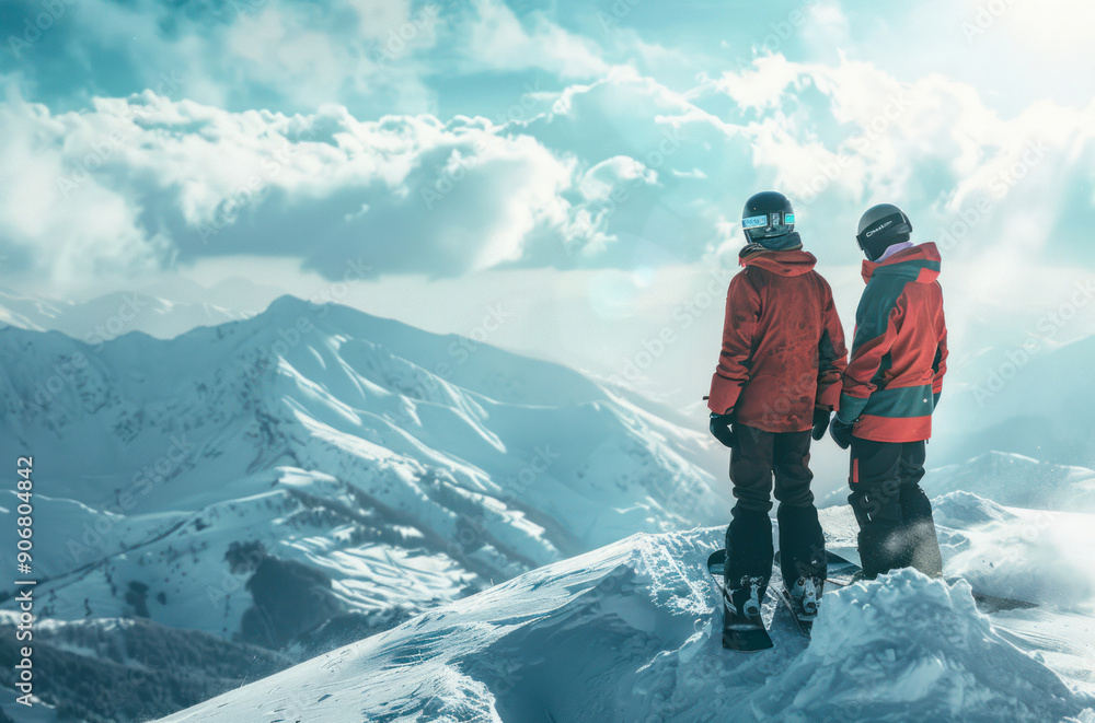 A couple skiing high in the mountains covered with snow. Two people doing winter sports A couple skiing high in the mountains covered with snow. Two people doing winter sports